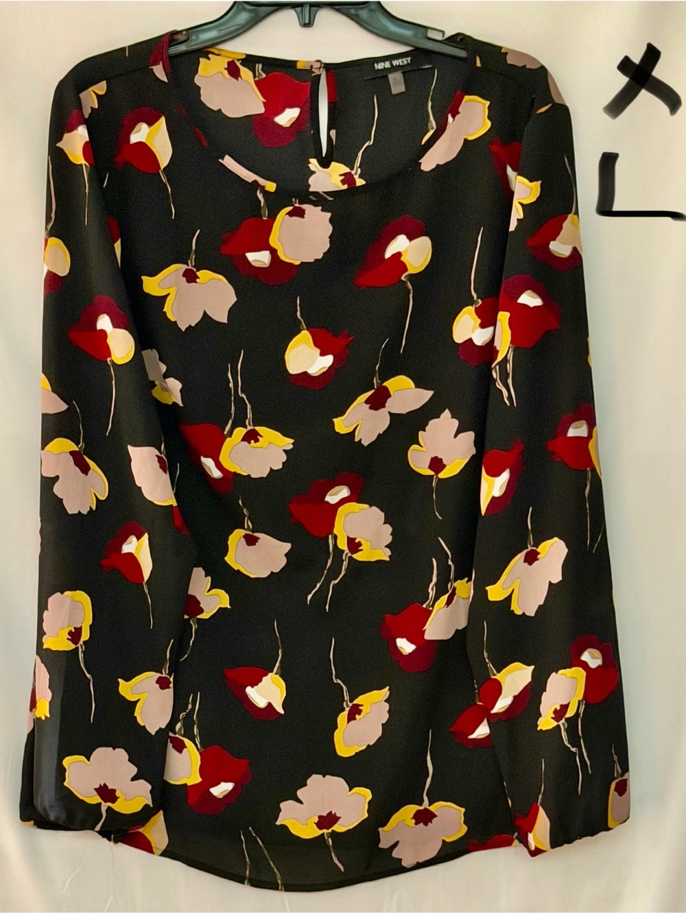 Nine West Black Floral Long-Sleeve Blouse with Red and Yellow Blooms